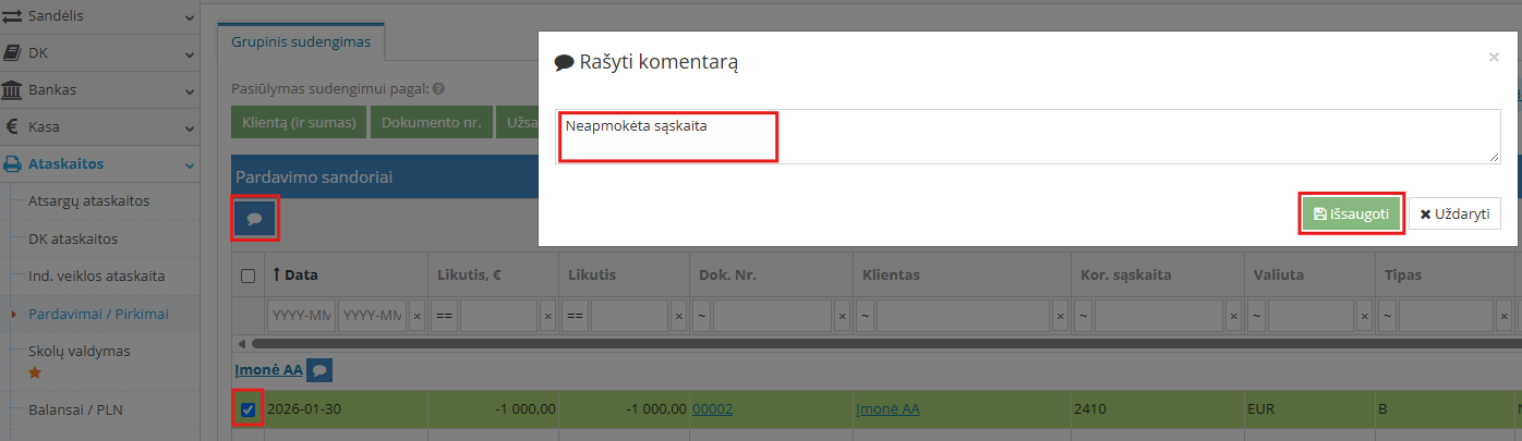Komenaro įrašymo langas prie sąskaitos